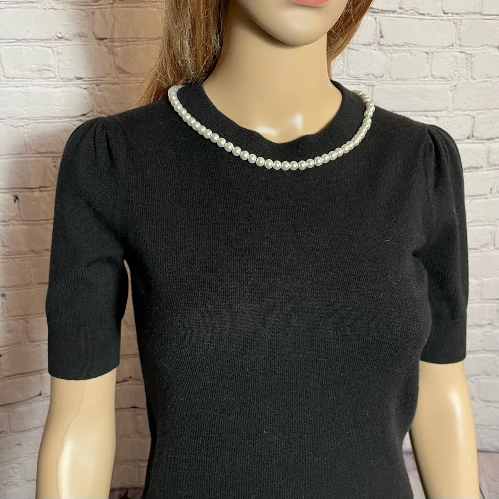 New Kate Spade Black Pearl-Embellished Short-Sleeve Sweater Size XXS